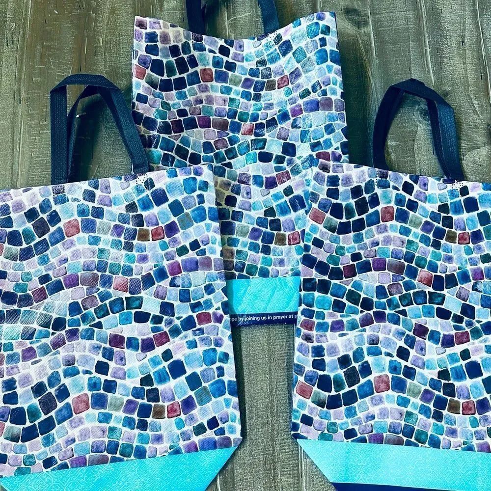 Purple Blue Mosaic Tile Graphic Reusable Shopping Tote Bags 3-pc Lot